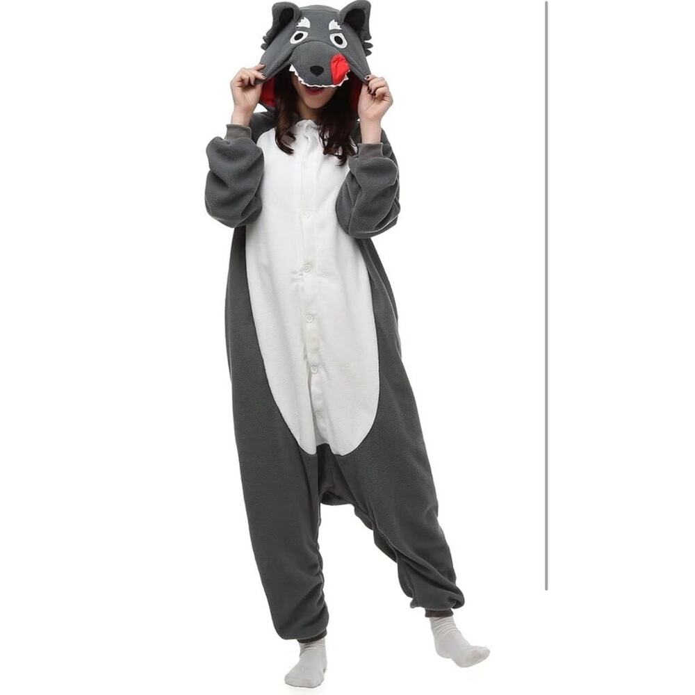 Adult Small Gray Wolf Monster Pajamas‎ Costume Hooded Jumpsuit Halloween NEW